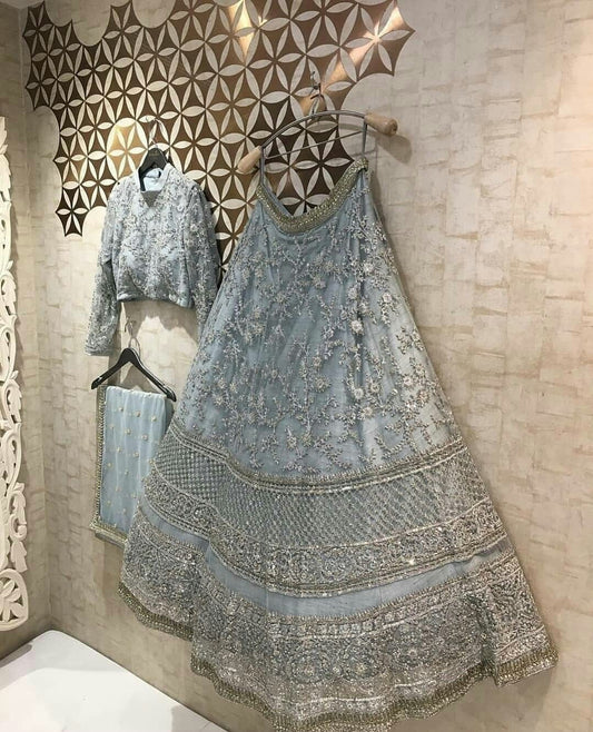 Dashing Grey Color Net Silk Embroidered Work Festival Wear Lehenga Choli Design