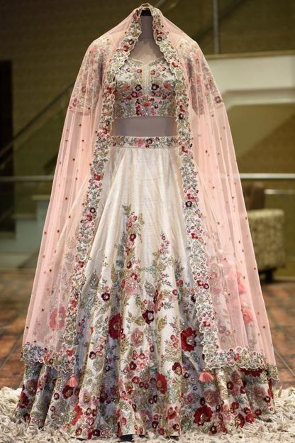 Captivation Off White Color Festive Wear Taffeta Silk Embroidered Work Lehenga Choli