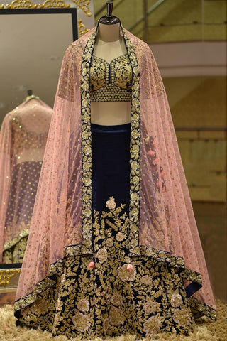 Adorable Navy Blue Color Embroidered Work Velvet Occasion Wear lehenga Choli