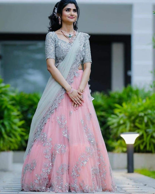Admiring Pink Color Net Silk Embroidered Work Design Lehenga Choli