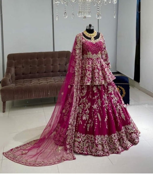 Exclusive Rani Pink Color Satin Embroidered Work Party Wear Lehenga Choli