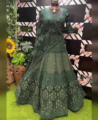 Delightful Green Color Net Silk Design Zari Embroidered Work Lehenga Choli