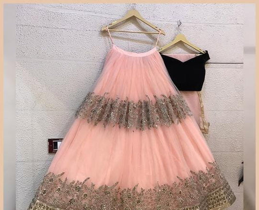 Absolute Peach Color Net Embroidered Work Festive Wear Lehenga Choli