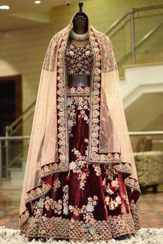 Remarkable Maroon Color Velvet Wedding Wear Embroidered Work Lehenga Choli