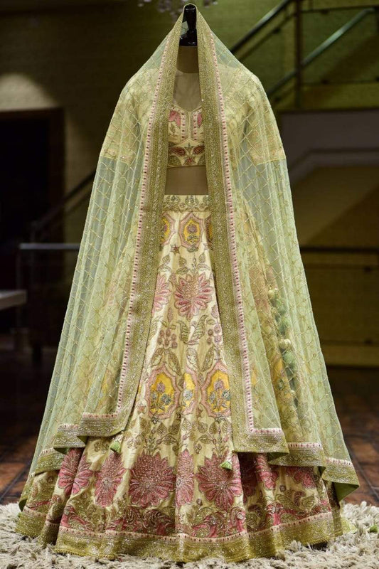 Intricate Light Green Color Satin Embroidered Work Design Function Wear Lehenga Choli