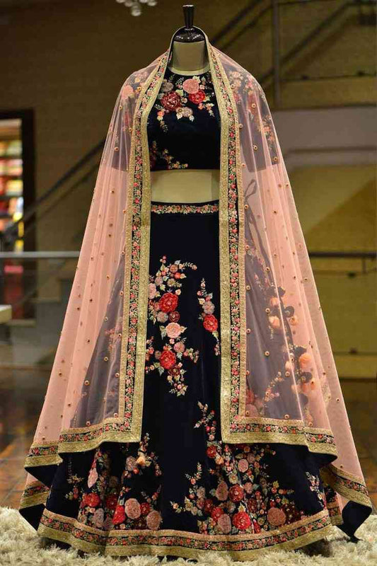 Prominent Black Color Embroidered Machine Work Wedding Wear Velvet Lehenga Choli