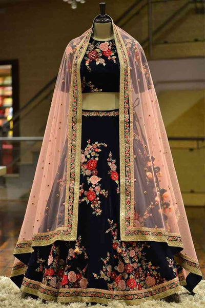 Prominent Black Color Embroidered Machine Work Wedding Wear Velvet Lehenga Choli
