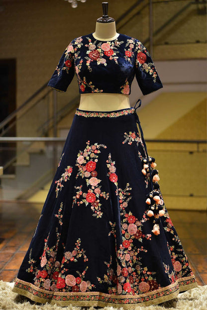 Prominent Black Color Embroidered Machine Work Wedding Wear Velvet Lehenga Choli