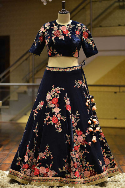 Prominent Black Color Embroidered Machine Work Wedding Wear Velvet Lehenga Choli