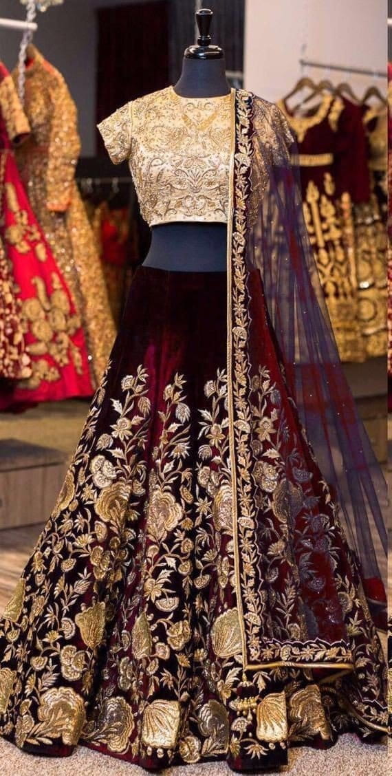 Engrossing maroon Color Bridal Wear Velvet Embroidered Work Lehenga Choli Online