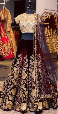 Engrossing maroon Color Bridal Wear Velvet Embroidered Work Lehenga Choli Online