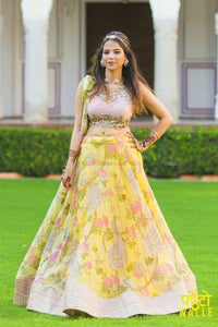 Appealing Yellow Color Silk net Design Printed Embroidered Work Lehenga Choli