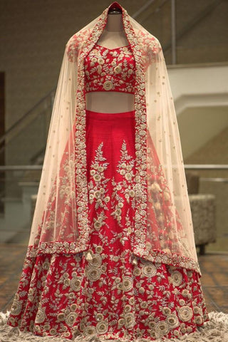 Ravishing Red Color Festival Wear Satin Silk Embroidered Work Lehenga Choli For Women