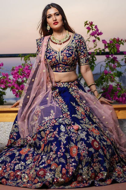 Incredible Blue Color Festive Wear Malay Silk Designer Embroidered Work Lehenga Choli