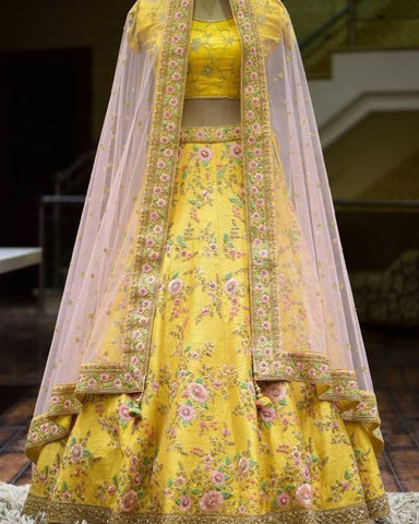 Striking Yellow Color Tapeta Silk Designer Function Wear Embroidered Work Lehenga Choli