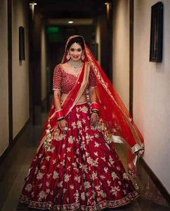 Bridal Wear Red Color Embroidered Designer Work Malay Silk Lehenga Choli