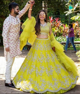 Appealing Yellow Color Party Wear Satin Embroidered Work Lehenga Choli