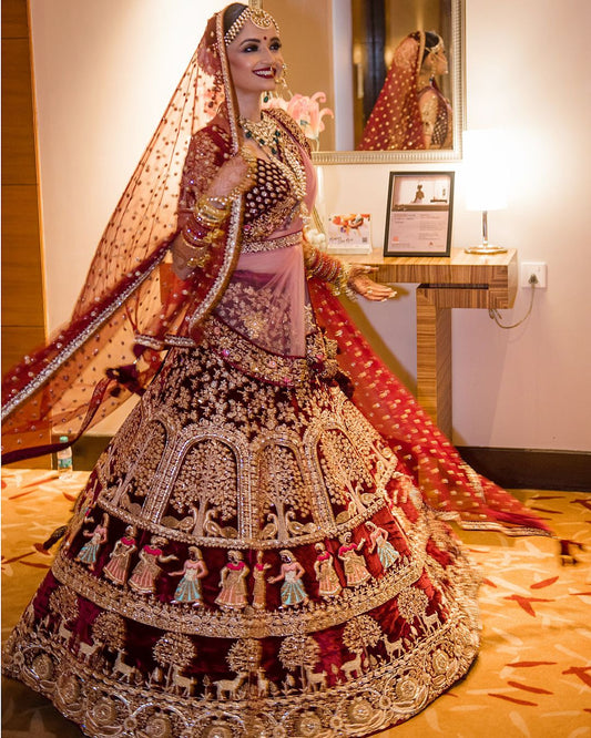 Dismaying Maroon Color Wedding Wear Zari Embroidered Work Velvet Lehenga Choli