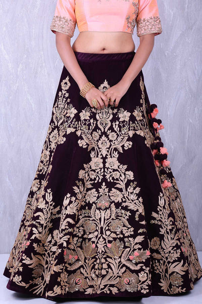 Pleasant Wine Color Velvet Embroidered Work Lehenga Choli Design