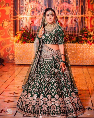 Flattering Green Color Taffeta Silk Fancy Embroidered Work Lehenga Choli For Ladies