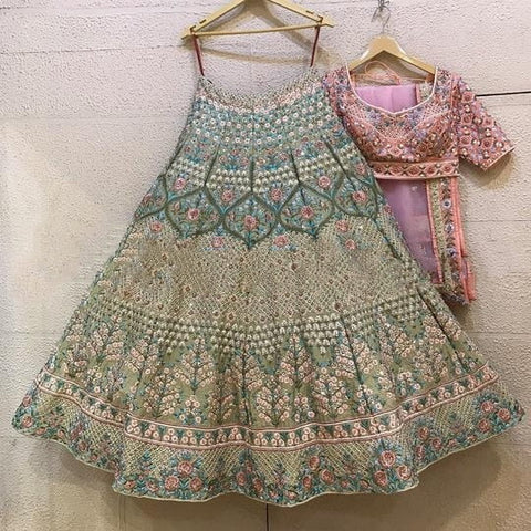 Adorable Sage Green Color Art Silk Zari Glitter Embroidered Work Party Wear Lehenga Choli