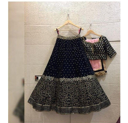 Dismaying Black Color Embroidered Work Design Velvet Lehenga Choli For Women