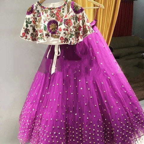 Astonishing Violet Color Net Design Silk Embroidered Work Lehenga Choli