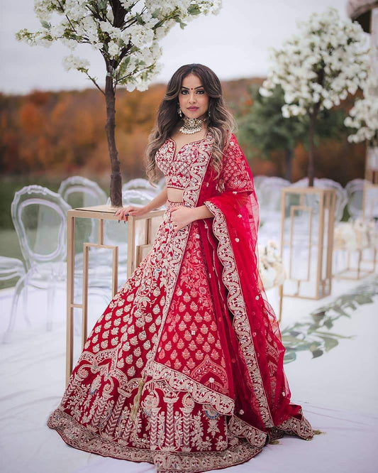 Striking Red Color Function Wear Satin Embroidered Work Lehenga Choli