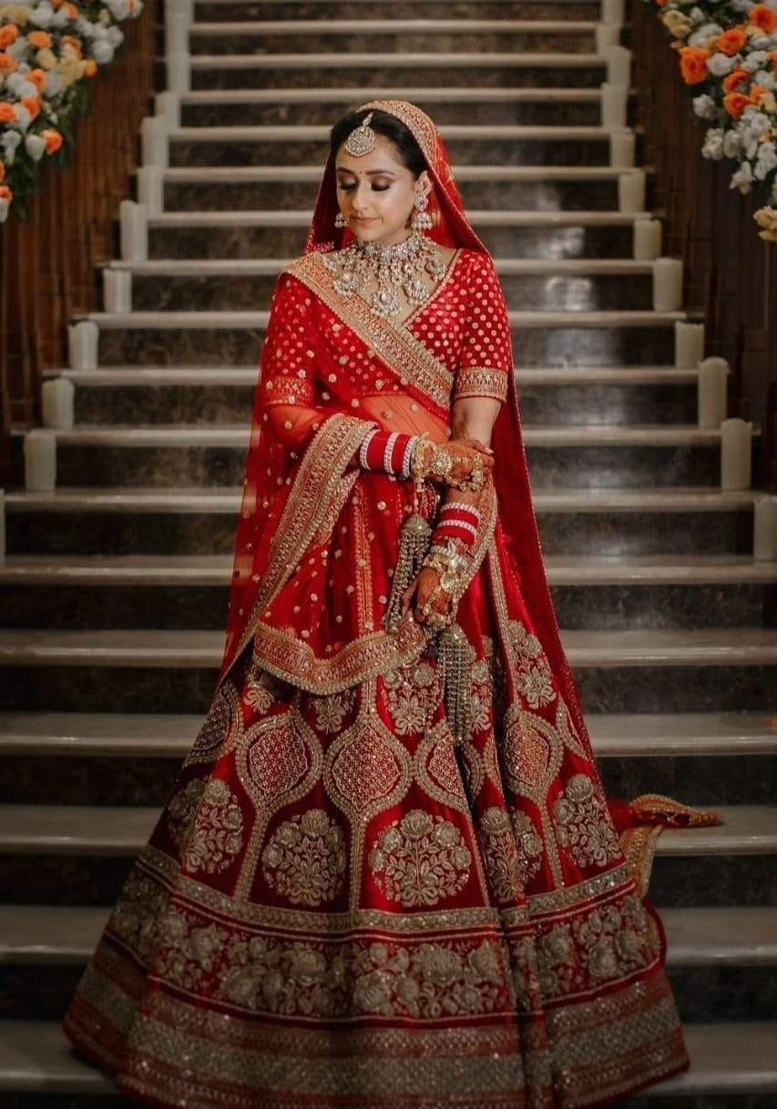 Jazzy Red Color Embroidered Work Satin Bridal Wear Lehenga Choli
