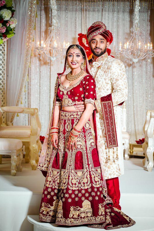 Wedding Wear Red Color Velvet Embroidered Designer Work Lehenga Choli