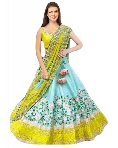 Glamorous Blue Color Art Silk Embroidered Work Festival Wear Lehenga Choli