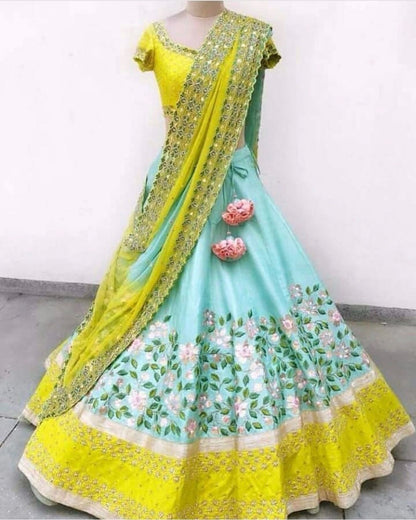 Glamorous Blue Color Art Silk Embroidered Work Festival Wear Lehenga Choli