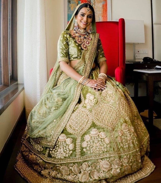 Pleasant Green Color Satin Embroidered Diamond Work Occasion Wear Lehenga Choli