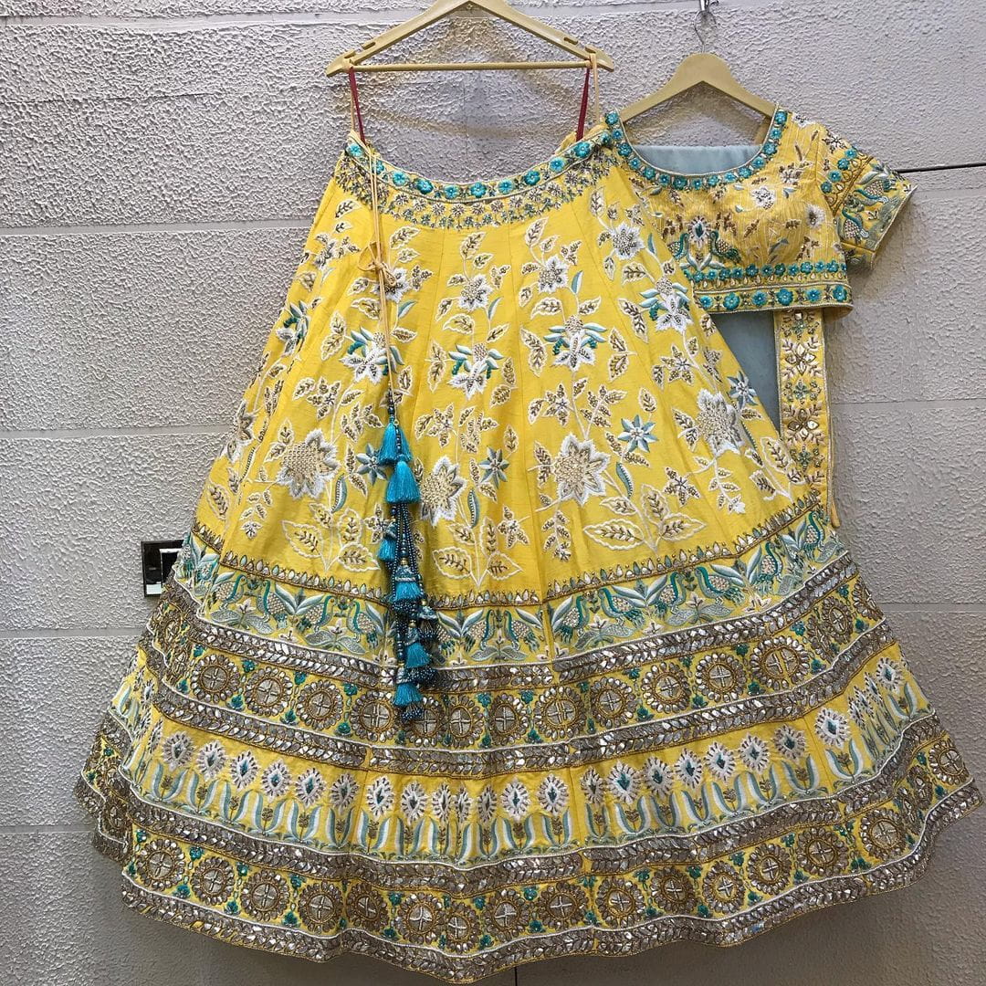 Novelty Yellow Color Satin Mirror Stone Work Party Wear Lehenga Choli Design
