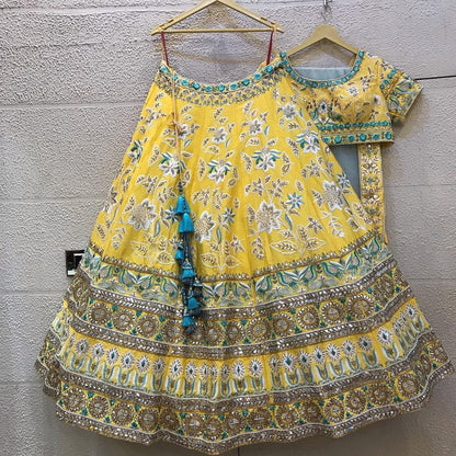 Novelty Yellow Color Satin Mirror Stone Work Party Wear Lehenga Choli Design