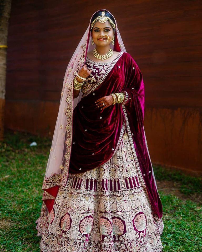 Appealing Maroon Color Bridal Wear Velvet Embroidered Work Design Lehenga Choli