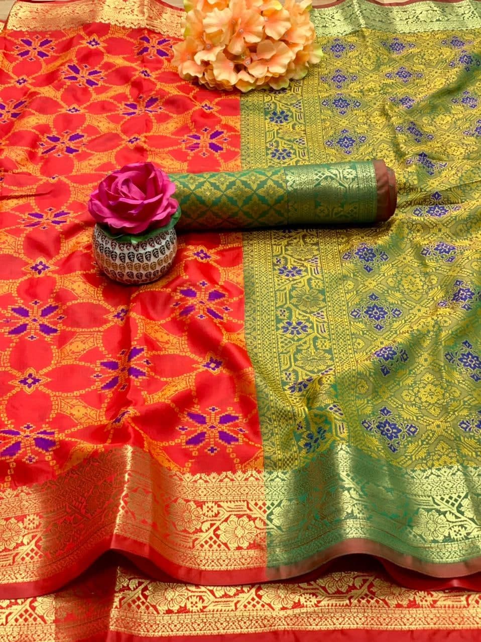 Engrossing Orange Color Party Wear Weaving Multi Zari Work Patola Silk Saree Blouse