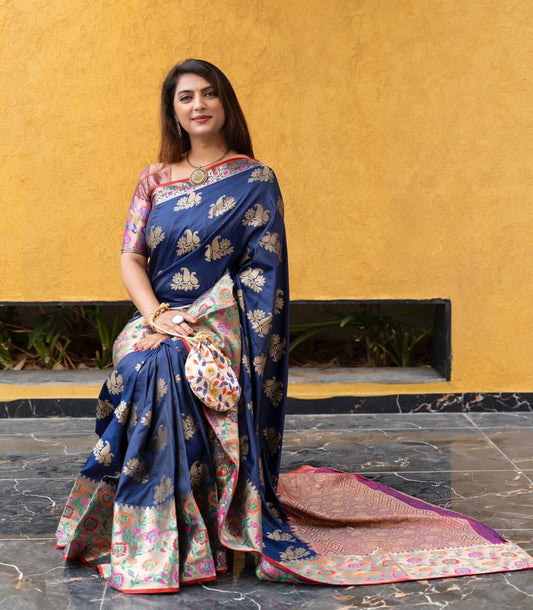 Absolute Navy Blue Color Art Silk Occasion Wear Zari Weaving Saree Blouse