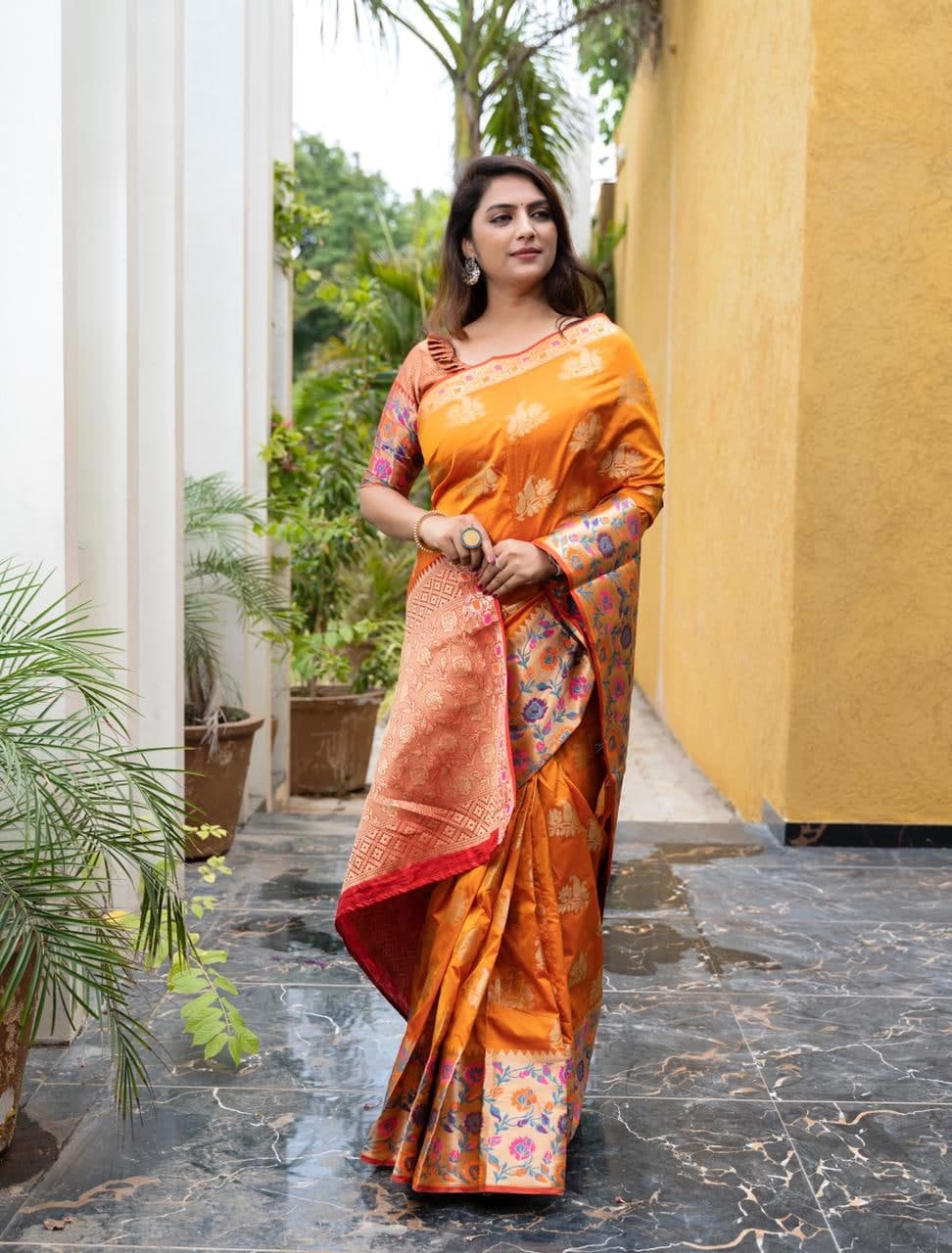 Gorgeous Orange Color Zari Weaving Art Silk Saree Blouse For Ladies