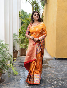 Gorgeous Orange Color Zari Weaving Art Silk Saree Blouse For Ladies
