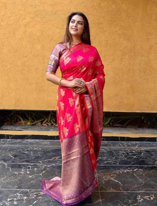 Remarkable Rani Pink Color Art Silk Designer Zari Weaving Saree Blouse