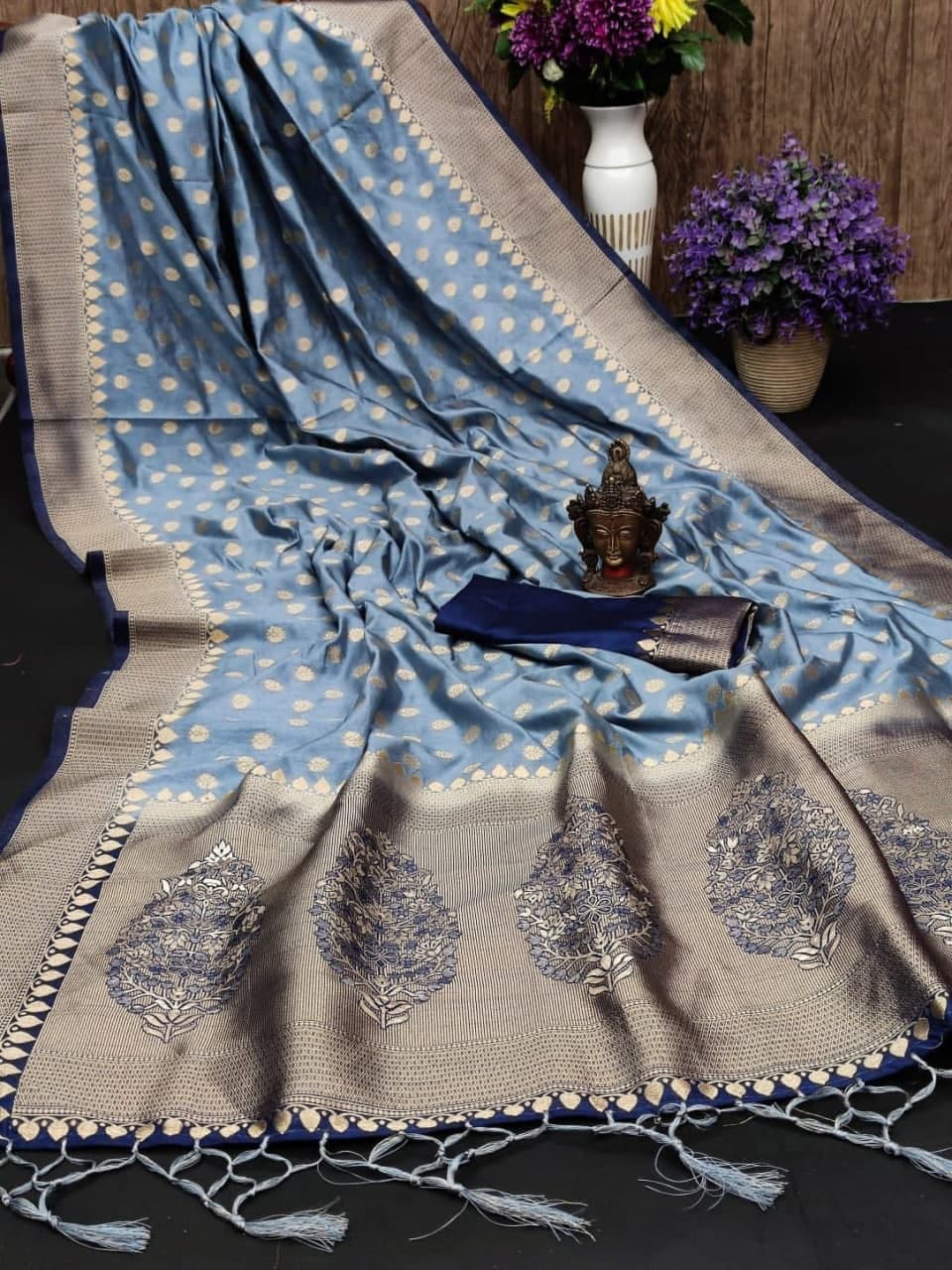 Gorgeous Grey Color Function Wear Silk Weaving Zari Design Saree Blouse