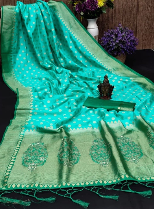 Starling Firozi Color Party Wear Zari Weaving Silk Saree Blouse