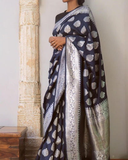 Absolute Navy Blue Color Jacquard Silk Function Wear Saree Blouse