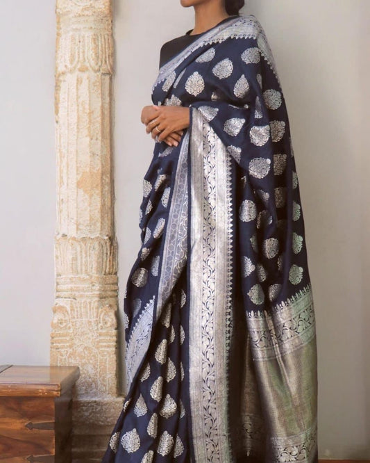 Absolute Navy Blue Color Jacquard Silk Function Wear Saree Blouse