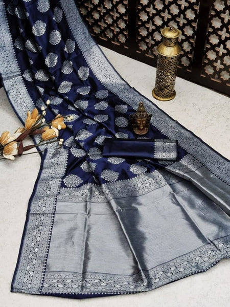 Absolute Navy Blue Color Jacquard Silk Function Wear Saree Blouse