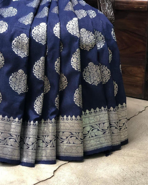 Absolute Navy Blue Color Jacquard Silk Function Wear Saree Blouse