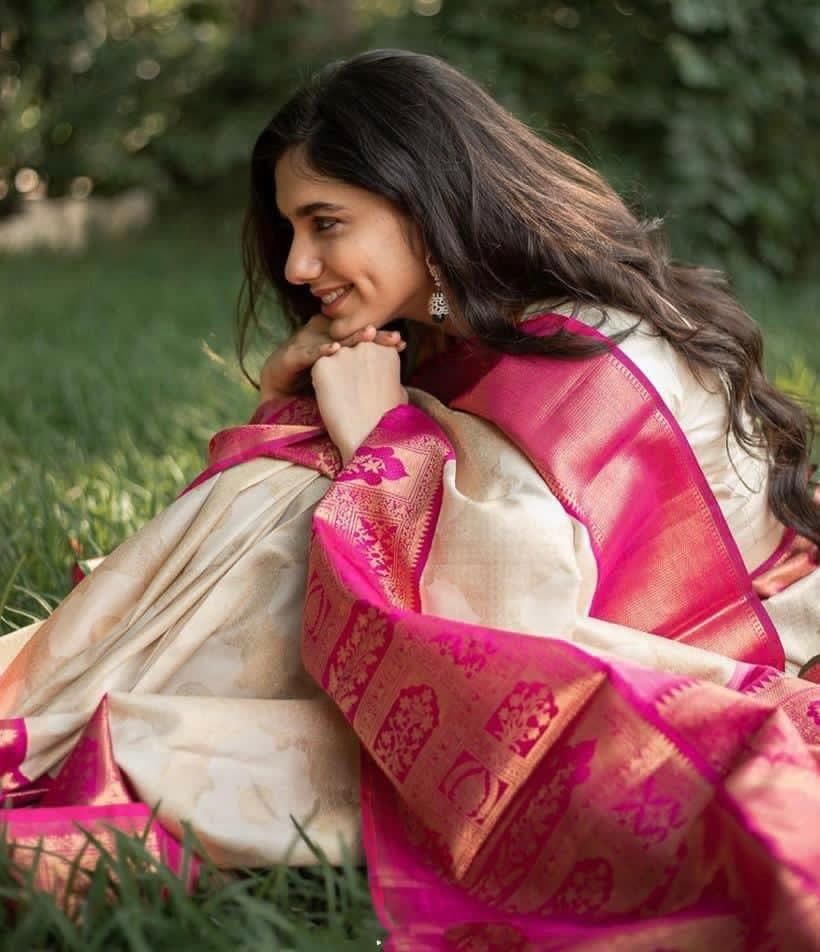 Sizzling Cream Color Silk Jacquard Work Saree Blouse For Wedding Wear