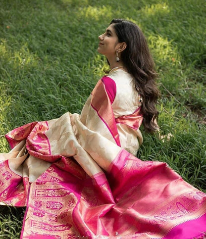 Sizzling Cream Color Silk Jacquard Work Saree Blouse For Wedding Wear