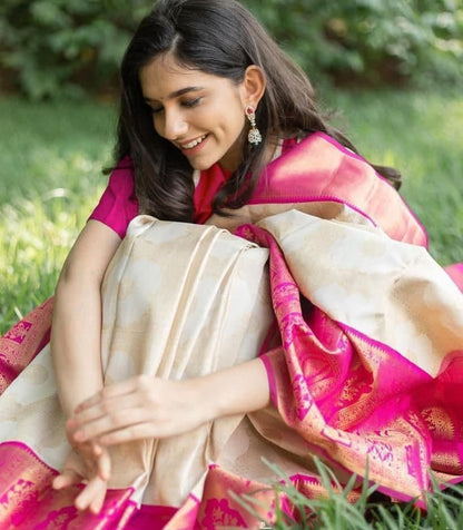 Sizzling Cream Color Silk Jacquard Work Saree Blouse For Wedding Wear